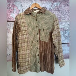 Rewind Women's Plaid Patchwork Button Down Shirt - Brown and Green